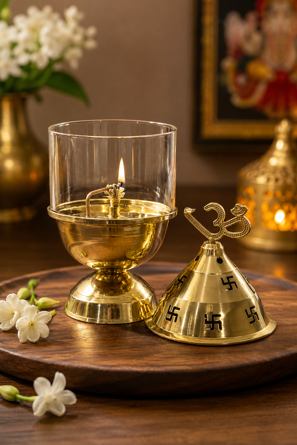 Craft Decor Pure Brass Akhand Jyot Diya with Om & Swastik Cap