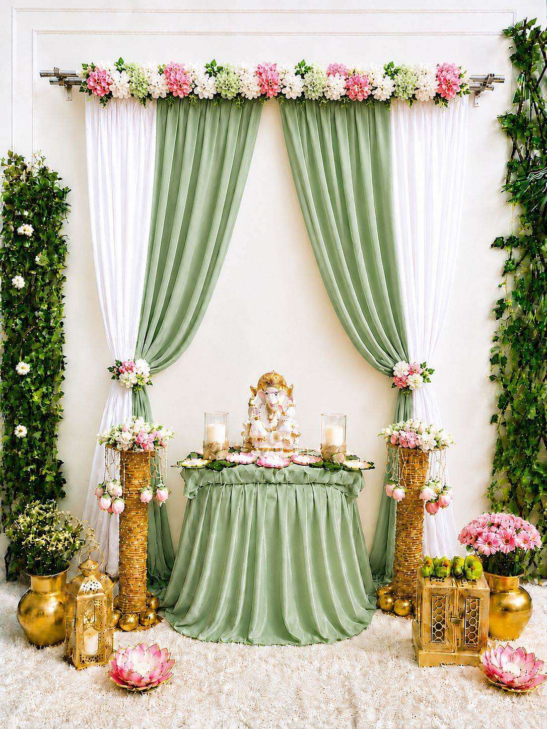 Floral Bliss Ganpati Backdrop – 7×5 Ft | Premium Lycra Décor