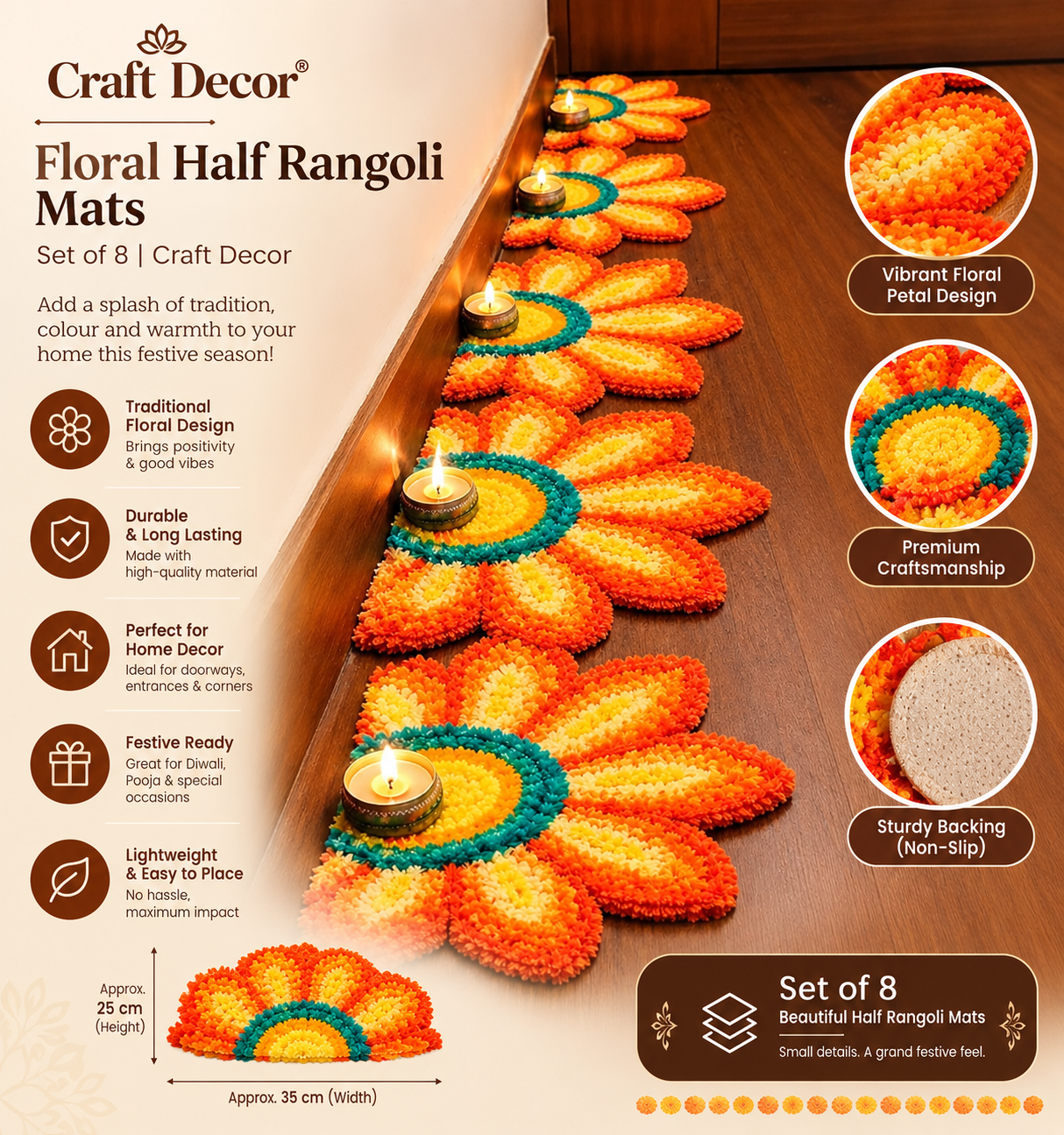 Floral Half Rangoli Mats – Set of 8 | Craft Decor