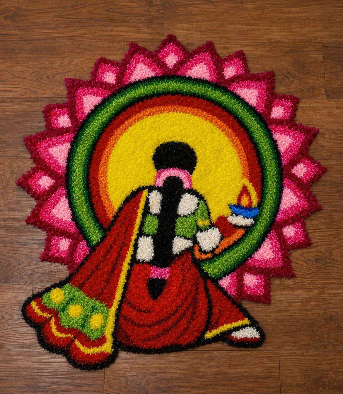 Diya Devi Sunburst Rangoli Mat – 3 Ft Fur Yarn