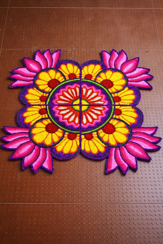 Magenta Sunflower Quartet Bloom Rangoli Mat – 3 Ft Fur Yarn