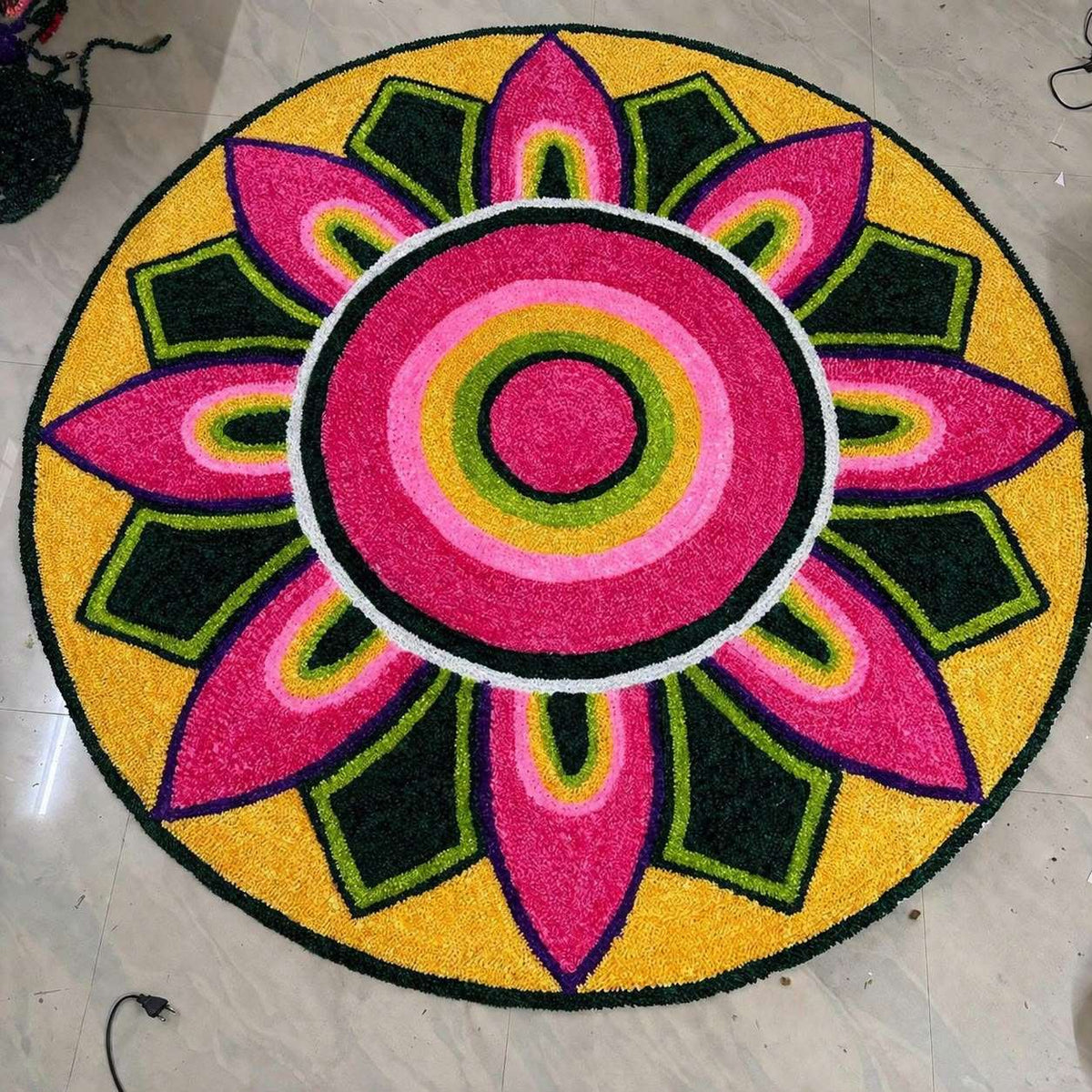 Golden Pookalam Lotus Rangoli Mat – 3 Ft Fur Yarn
