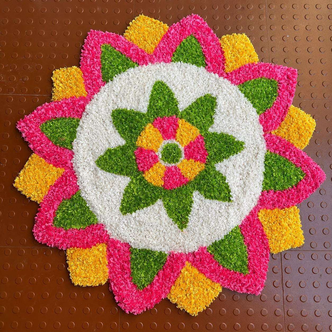 Pink Marigold Star Mandala Rangoli Mat – 3 Ft Fur Yarn