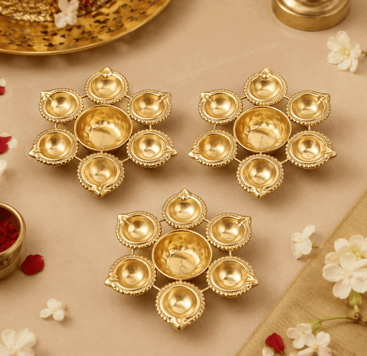 Handcrafted Golden Pooja Katori Diya Set – Set of 3