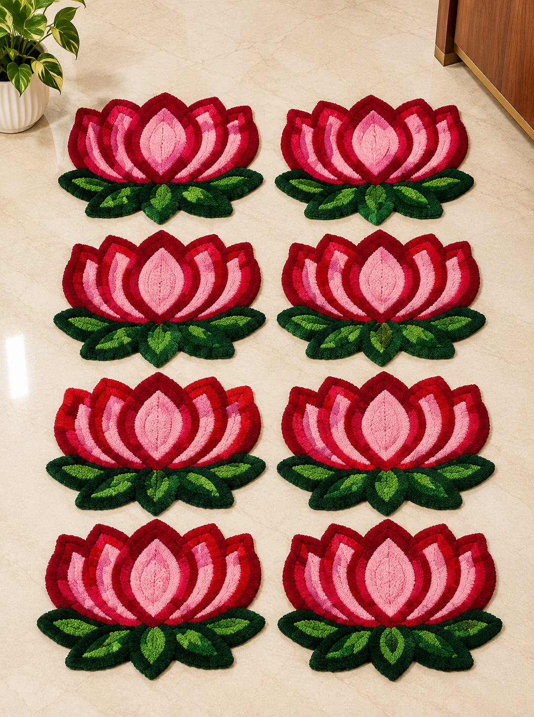 Kamal Pankti Pink-Red deep lotus staircase mat set of 8 – reusable festive floor mat | Craft Decor