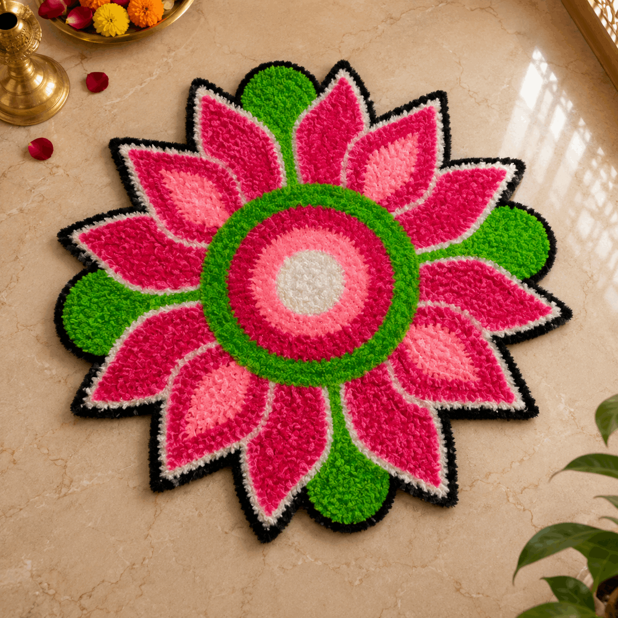 Magenta Lime Gerbera Bloom Rangoli Mat – 3 Ft Fur Yarn
