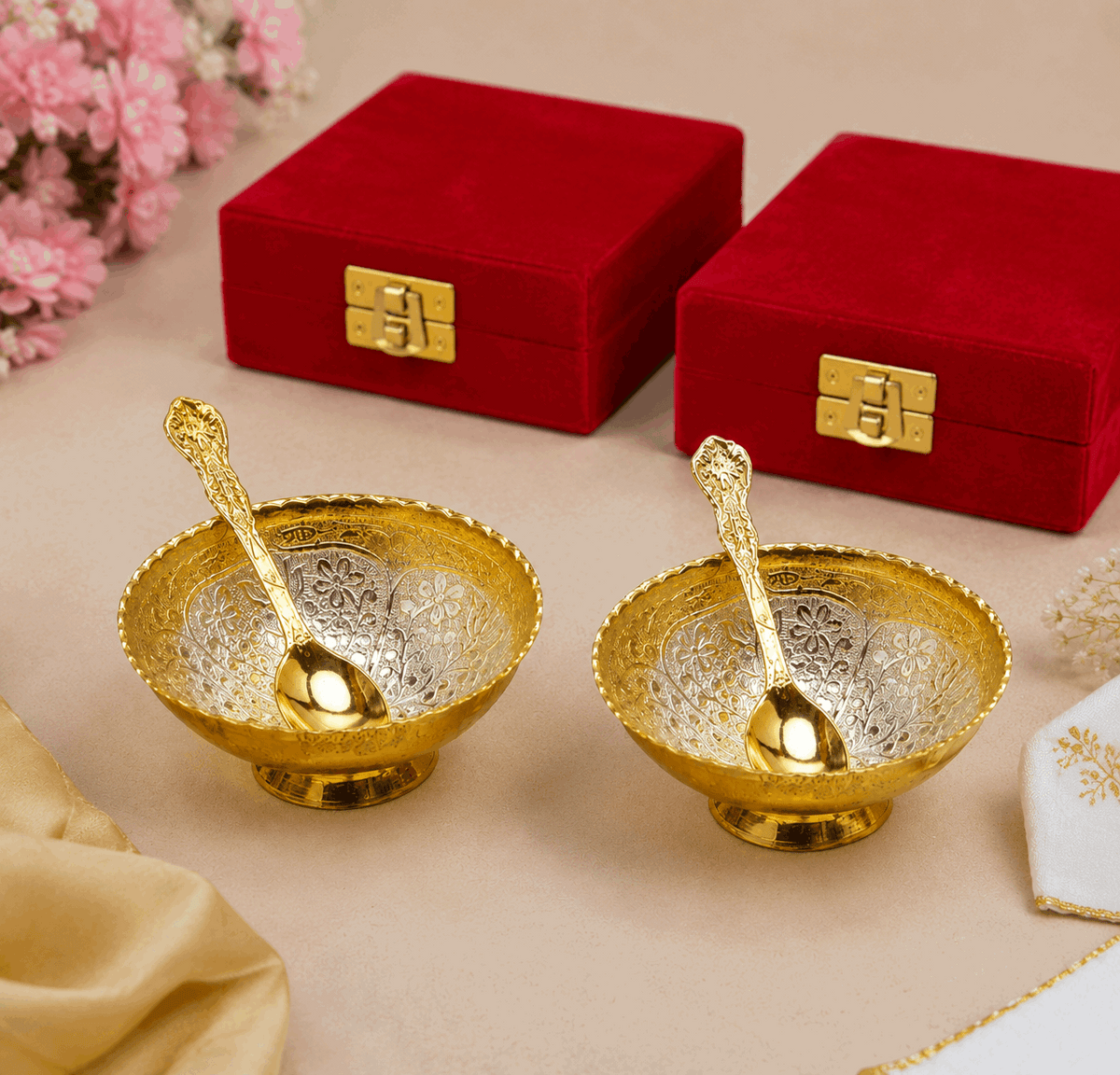 Royal Gold & Silver Plated Bowl Set with Spoon | Set of 2