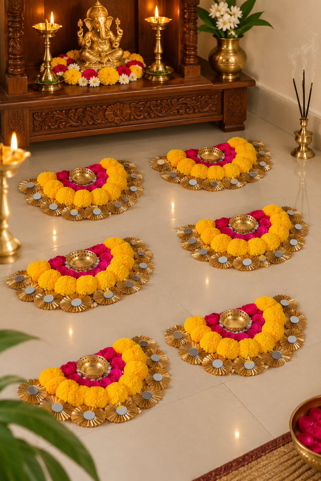 Chaand Bati half-moon tealight mat close-up – yellow outer ring and pink inner ring pom-pom design with tealight centre | Craft Decor