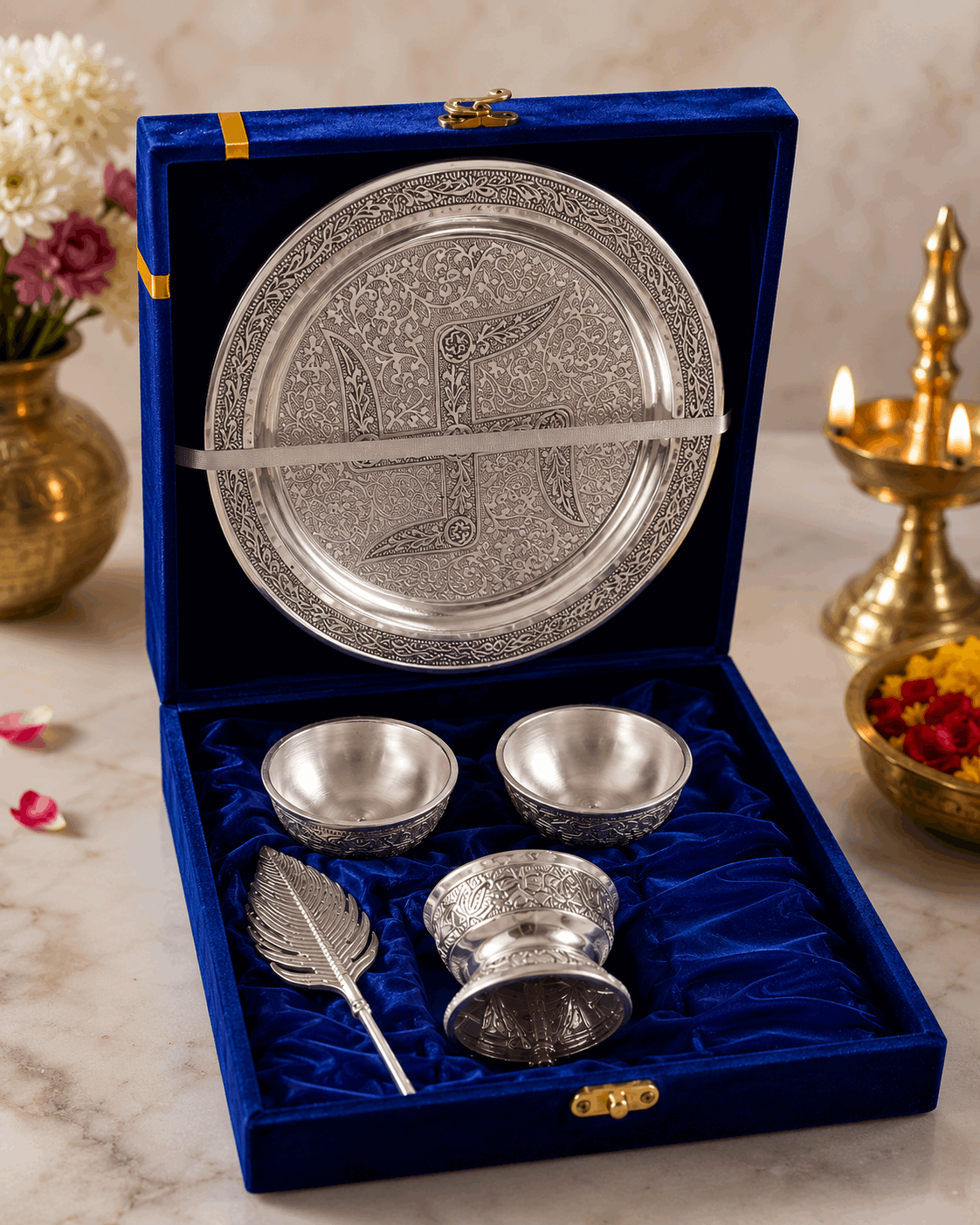 Traditional Silver Pooja Thali Set – 5 Pieces
