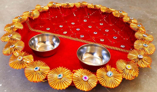 Velvet Pooja Thaali Set with Bowls & Gem Embellishments