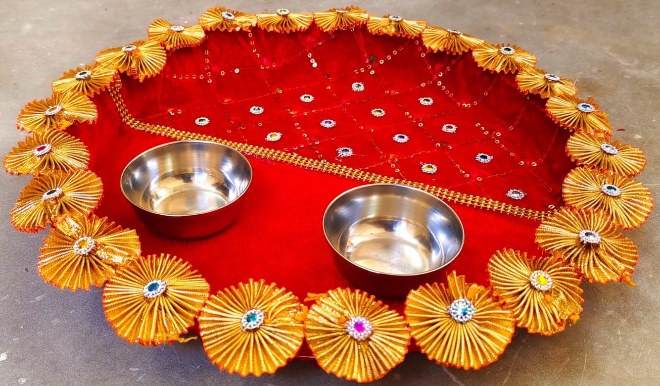 Velvet Pooja Thaali Set with Bowls & Gem Embellishments
