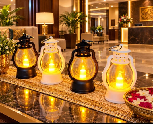 Row of glowing LED lantern candles on a festive table runner – Craft Decor