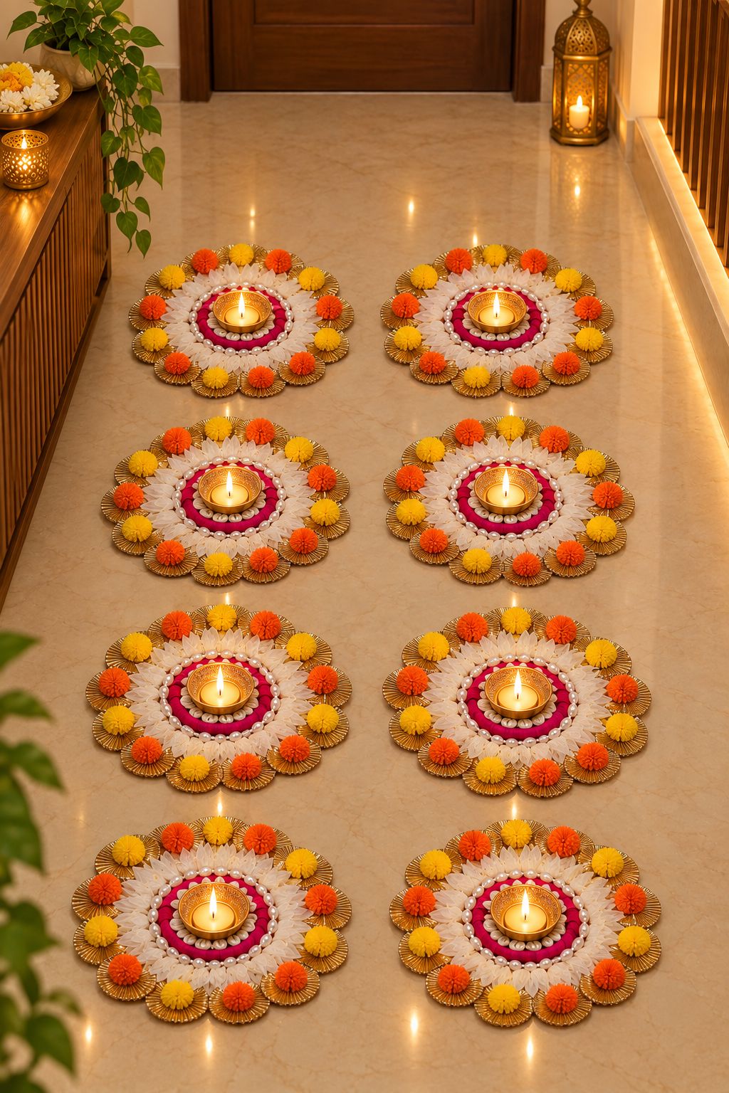 Rangotsav Shubhdeep floral diya rangoli set overhead – 8 multicolour artificial rangoli mats no powder reusable Diwali floor decoration | Craft Decor