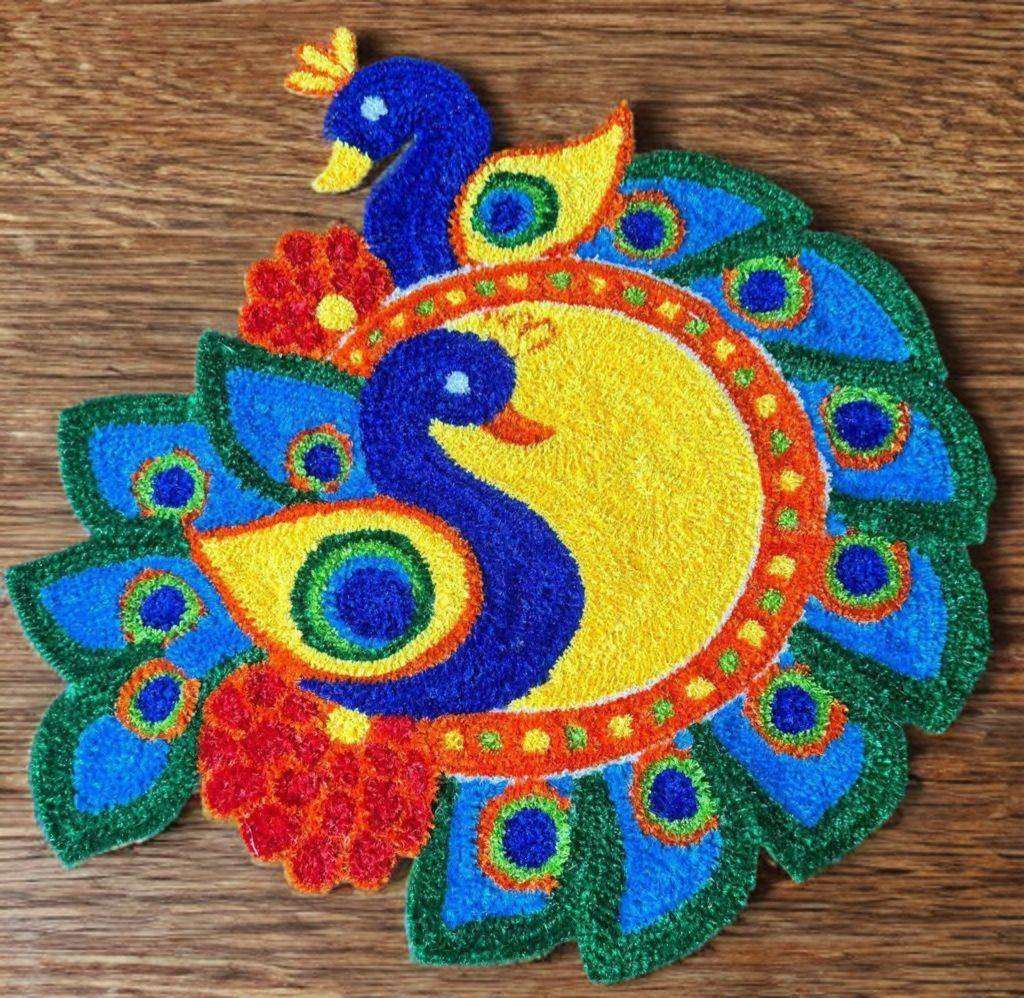Peacock pair rangoli mat placed at entrance – Craft Decor