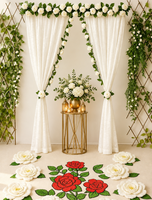 White Flower Panel Backdrop for an engagement at home - Craft Decor India