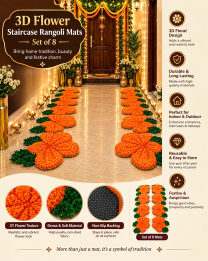 3D Flower Staircase Rangoli Mats – Set of 8 | Craft Decor