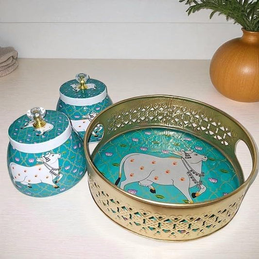 Rajasthani Pichwai Art Storage Set – 2 Glass Jars & Decorative Tray