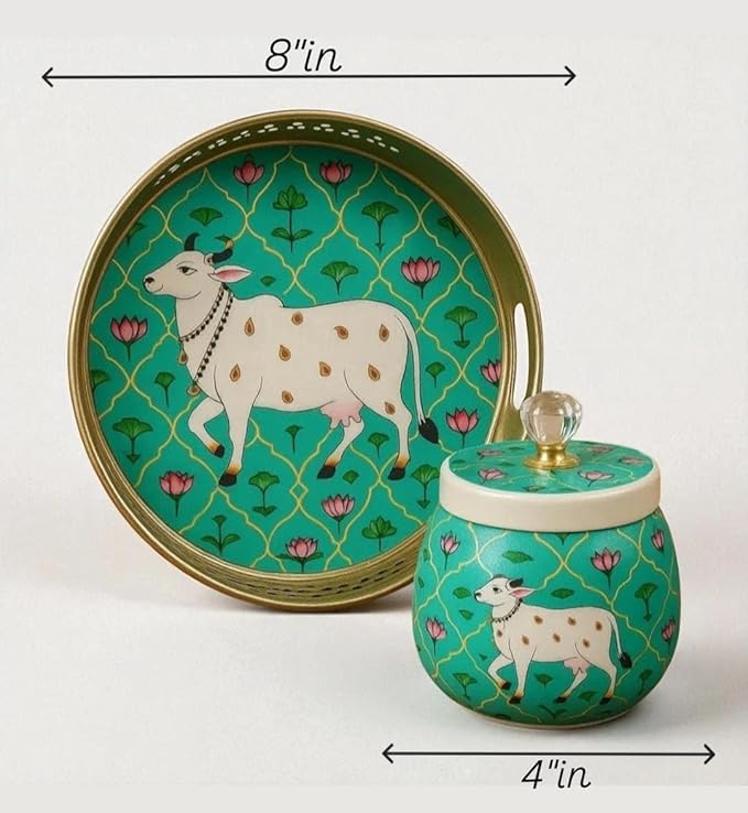 Rajasthani Pichwai Art Storage Set – 2 Glass Jars & Decorative Tray