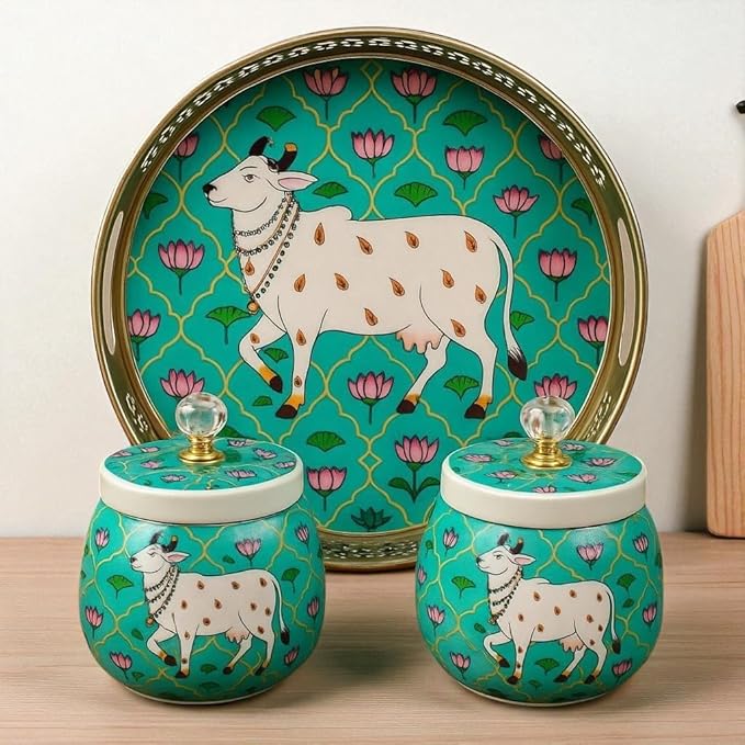 Rajasthani Pichwai Art Storage Set – 2 Glass Jars & Decorative Tray