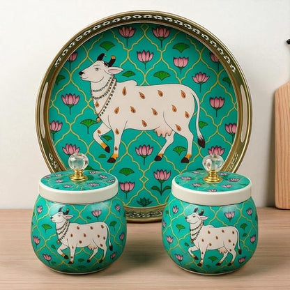 Rajasthani Pichwai Art Storage Set – 2 Glass Jars & Decorative Tray