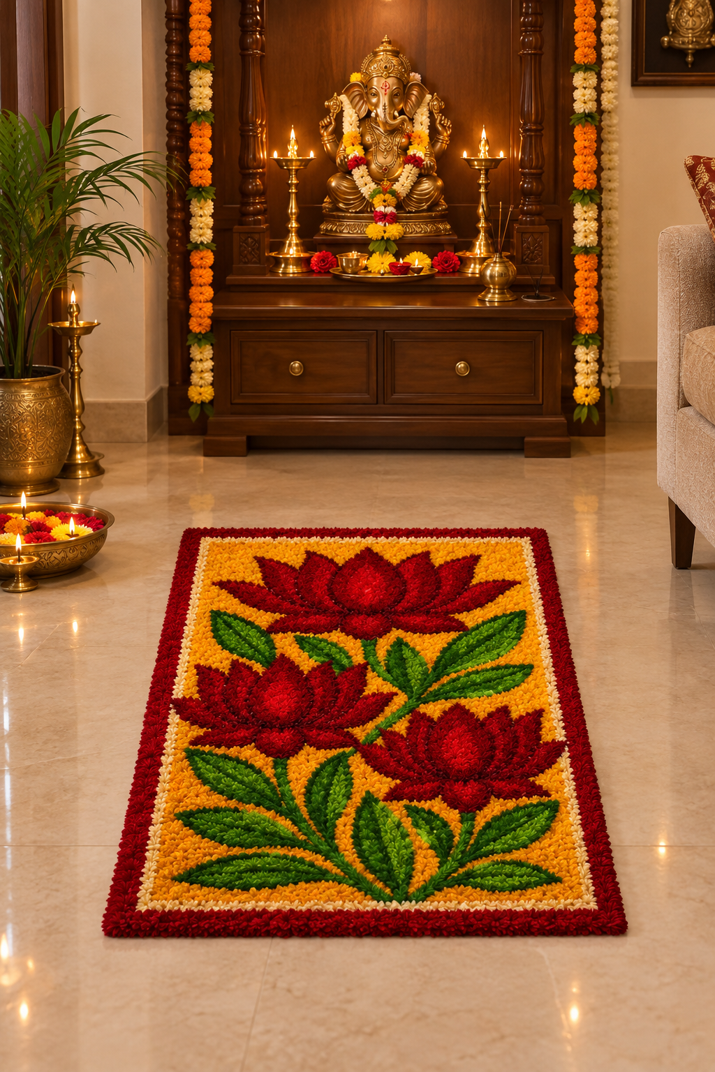 Kamal Vatika Lotus Rectangular Rangoli Mat – 3×2 Ft Fur Yarn | Craft Decor