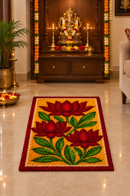 Kamal Vatika Lotus Rectangular Rangoli Mat – 3×2 Ft Fur Yarn | Craft Decor