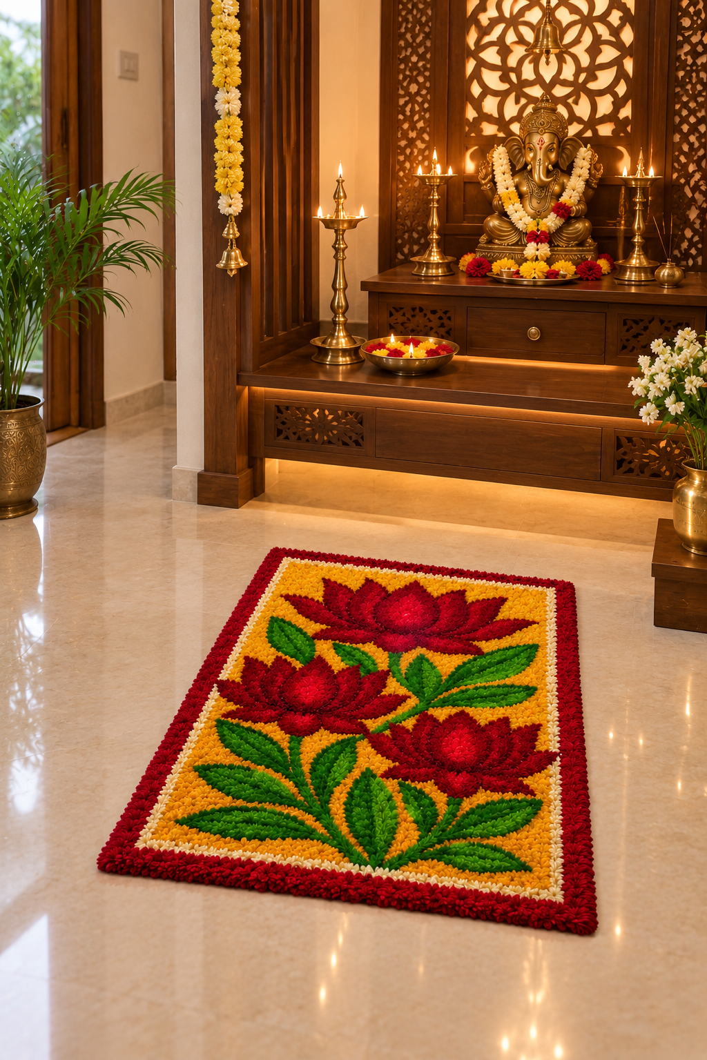 Kamal Vatika Lotus Rectangular Rangoli Mat – 3×2 Ft Fur Yarn | Craft Decor
