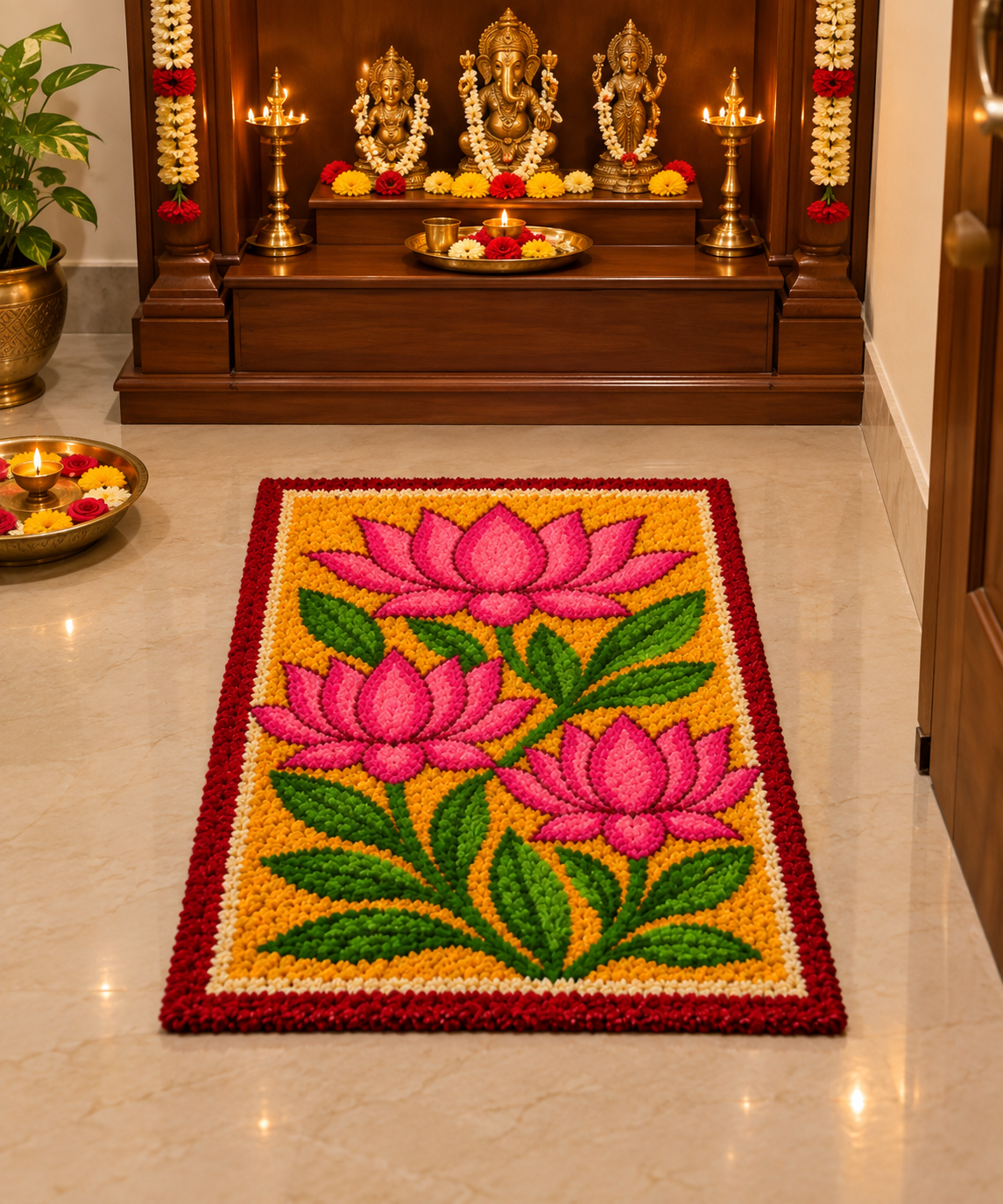 Kamal Vatika Lotus Rectangular Rangoli Mat – 3×2 Ft Fur Yarn | Craft Decor
