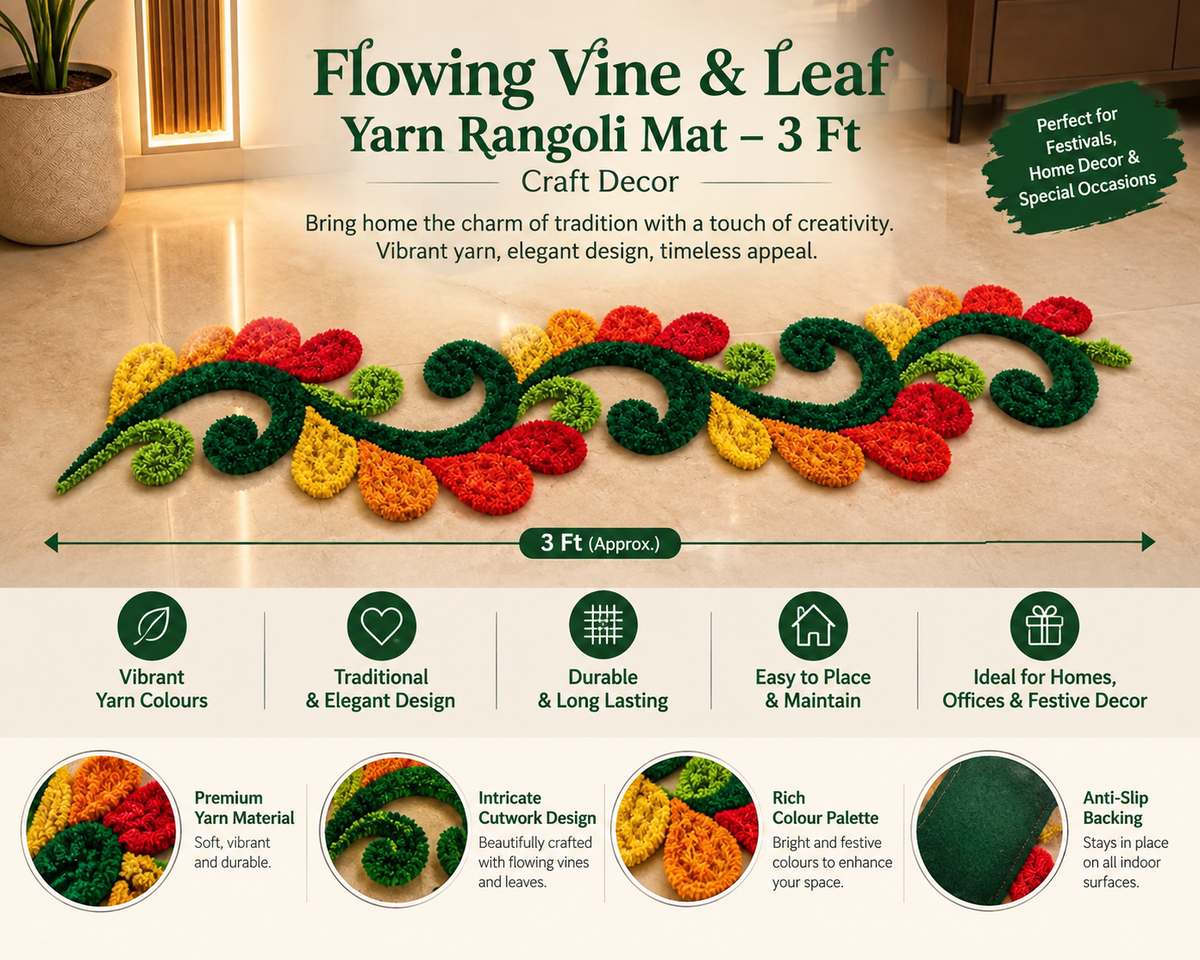 Flowing Vine & Leaf Yarn Rangoli Mat – 3 Ft | Craft Decor
