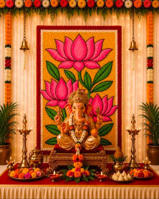 Divine Fur Yarn Ganpati Backdrop 3x2 Ft Pink Lotus design – Craft Decor