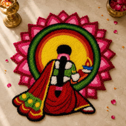 Diya Devi Sunburst Rangoli Mat – 3 Ft Fur Yarn