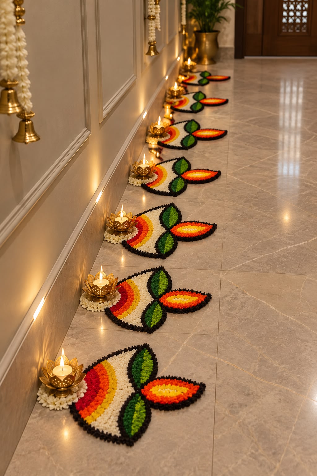 Diya Paath diya-shaped rangoli floor mat set of 8 – green border corridor decoration with brass diyas | Craft Decor