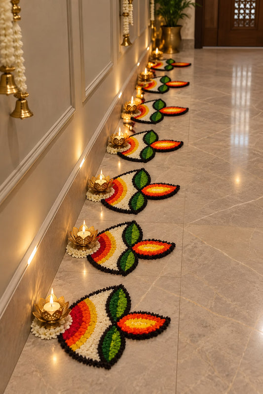 Diya Paath diya-shaped rangoli floor mat set of 8 – green border corridor decoration with brass diyas | Craft Decor