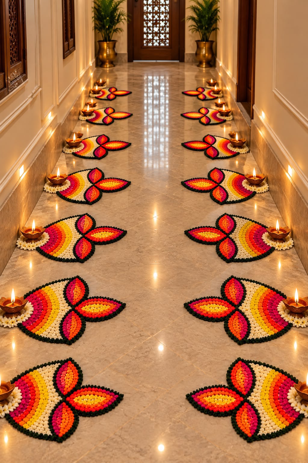 Diya Paath set of 8 diya floor mats with lit brass diyas – Navratri and Diwali corridor décor | Craft Decor