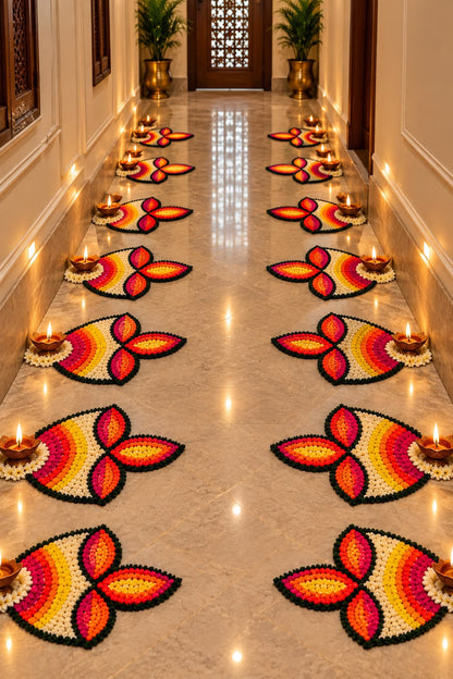 Diya Paath set of 8 diya floor mats with lit brass diyas – Navratri and Diwali corridor décor | Craft Decor