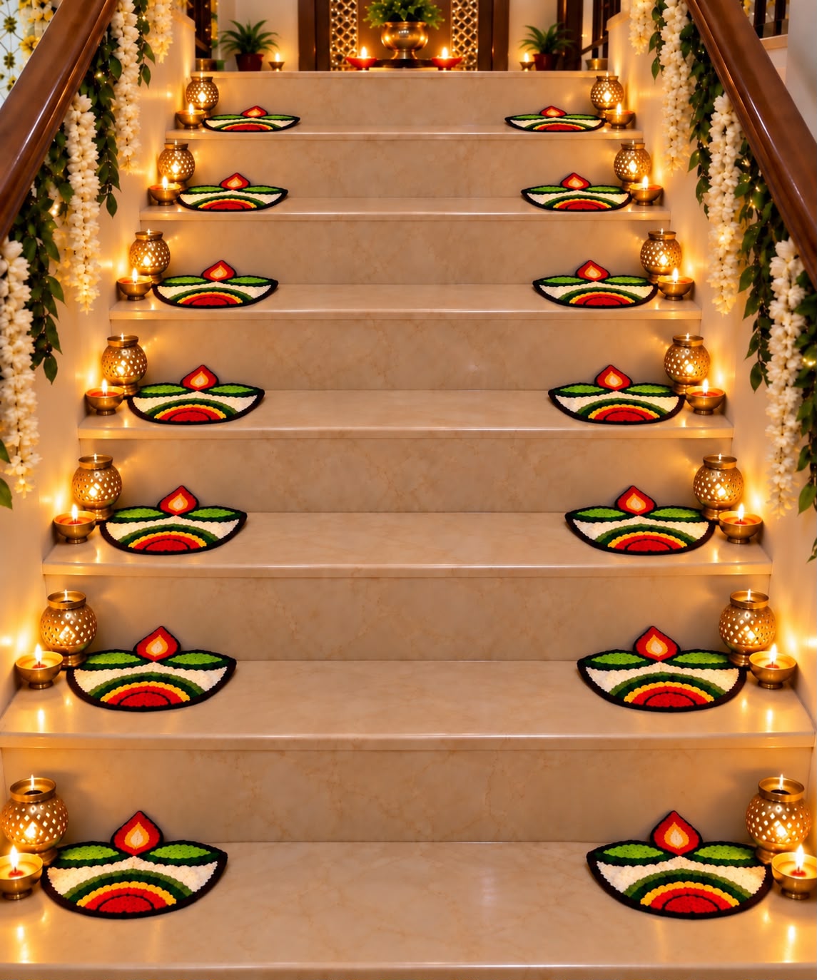Diya Paath Agni Orange diya shaped rangoli mats in festive corridor – reusable no-powder rangoli set | Craft Decor