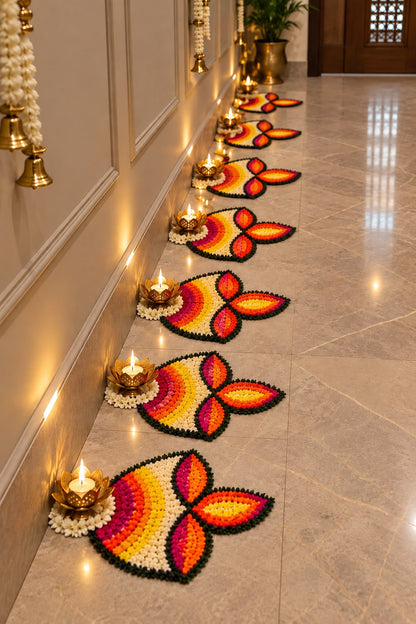 Diya Paath rangoli diya mats laid in a line down corridor – festive hallway decoration for Diwali | Craft Decor