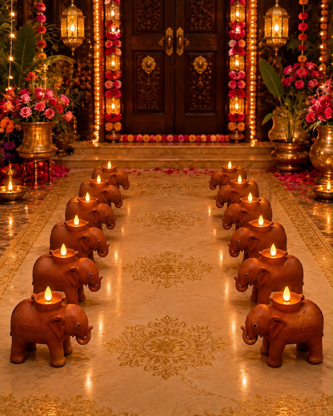 Haathi Deepam water-activated sensor elephant diya set of 12 glowing in a festive home entrance – Craft Decor