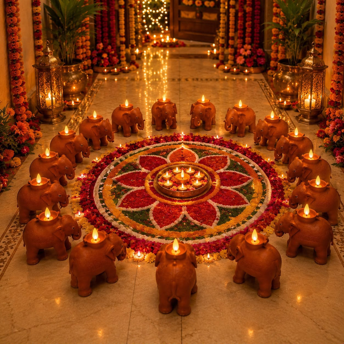 12 handcrafted elephant diyas lit up in a rangoli arrangement for Diwali – Haathi Deepam by Craft Decor