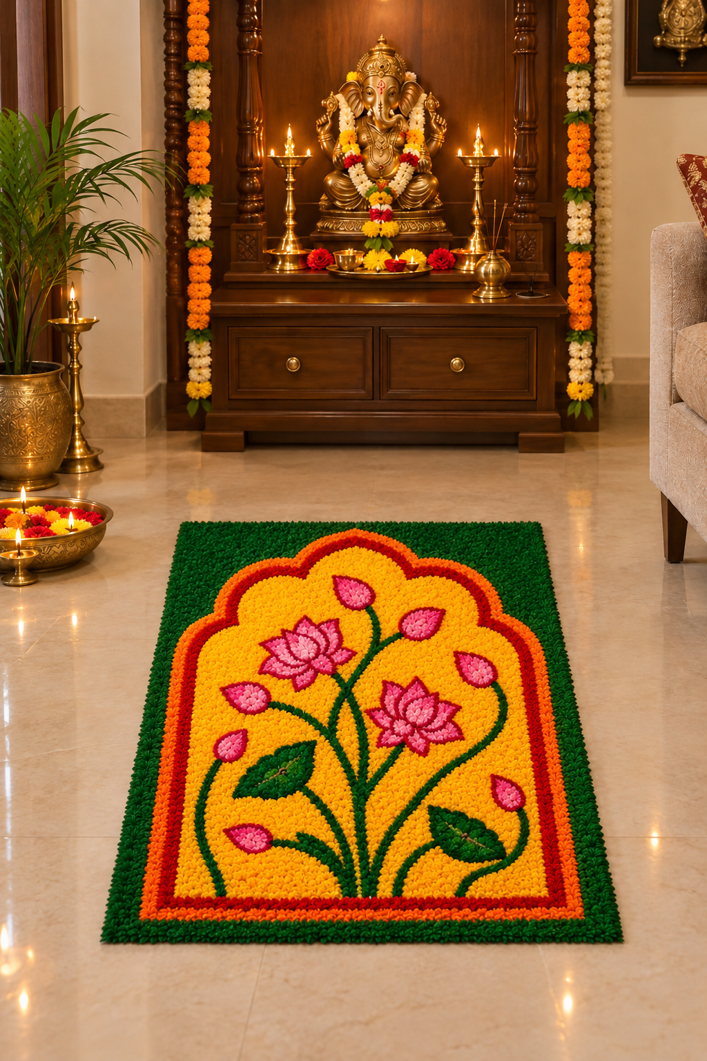 Noor Kamal Arch Rangoli Mat – 3×2 Ft Fur Yarn | Craft Decor