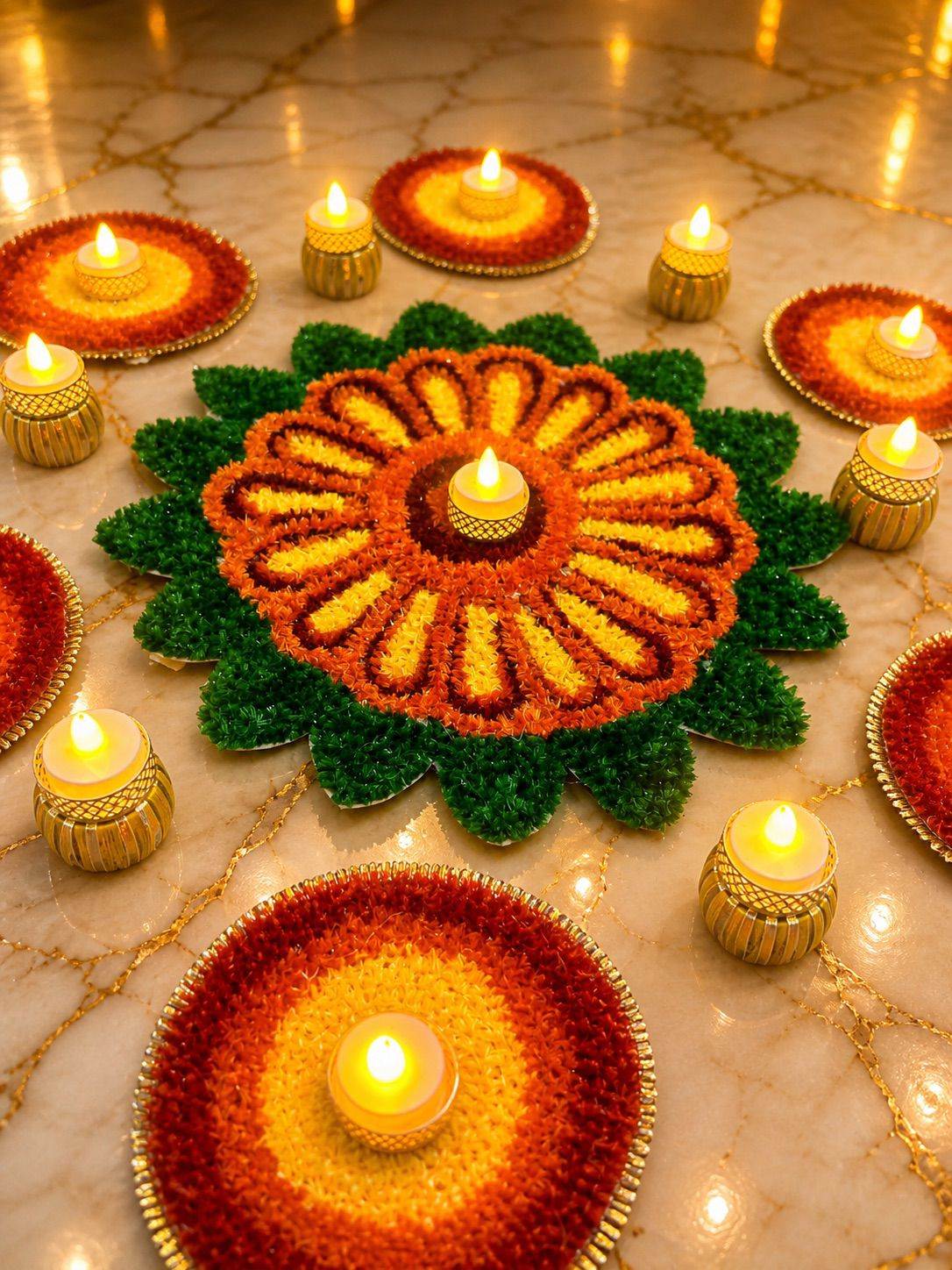Festive Rangoli Mat with Tea Lights Combo | 21 Pieces