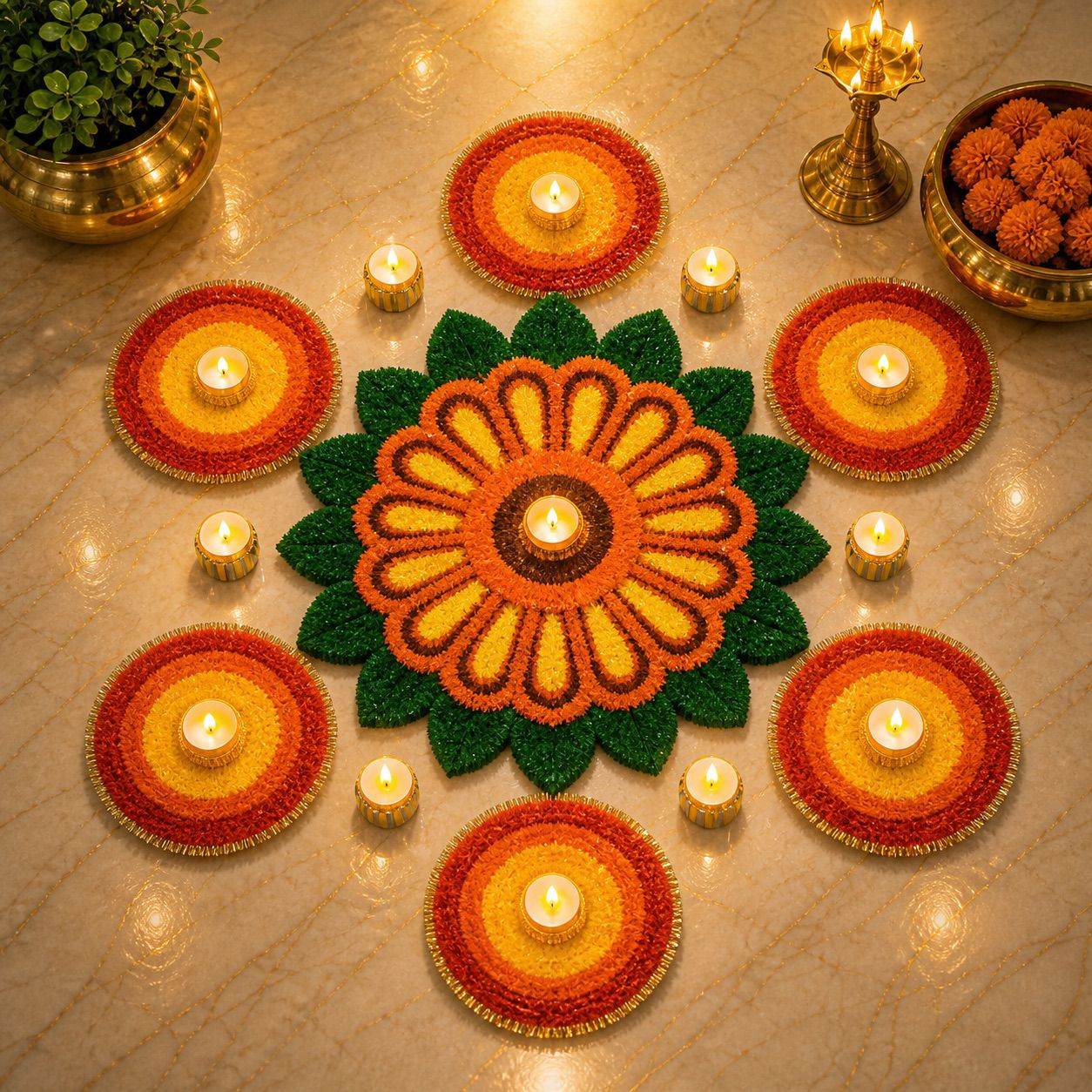 Festive Rangoli Mat with Tea Lights Combo | 21 Pieces