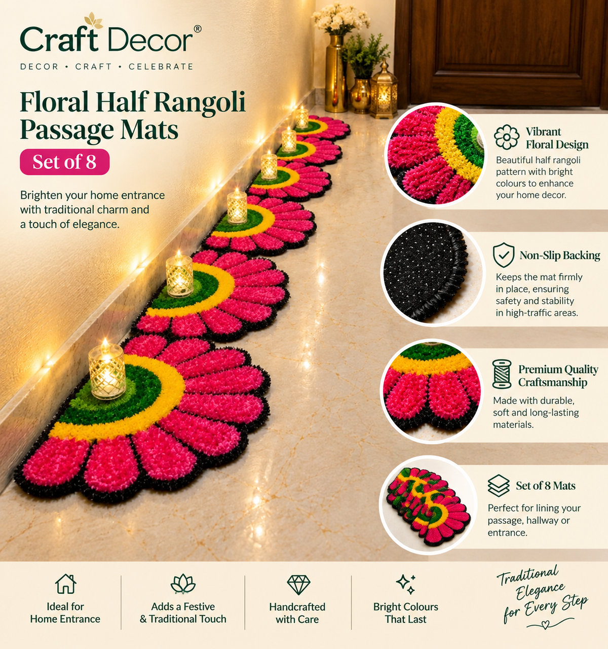 Floral Half Rangoli Passage Mats – Set of 8 | Craft Decor