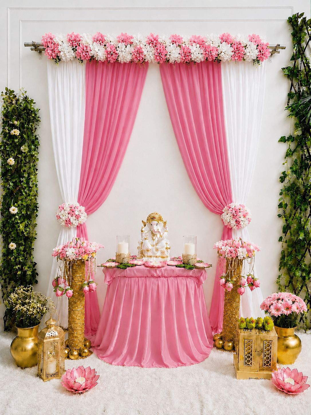 Floral Bliss Ganpati Backdrop – 7×5 Ft | Premium Lycra Décor
