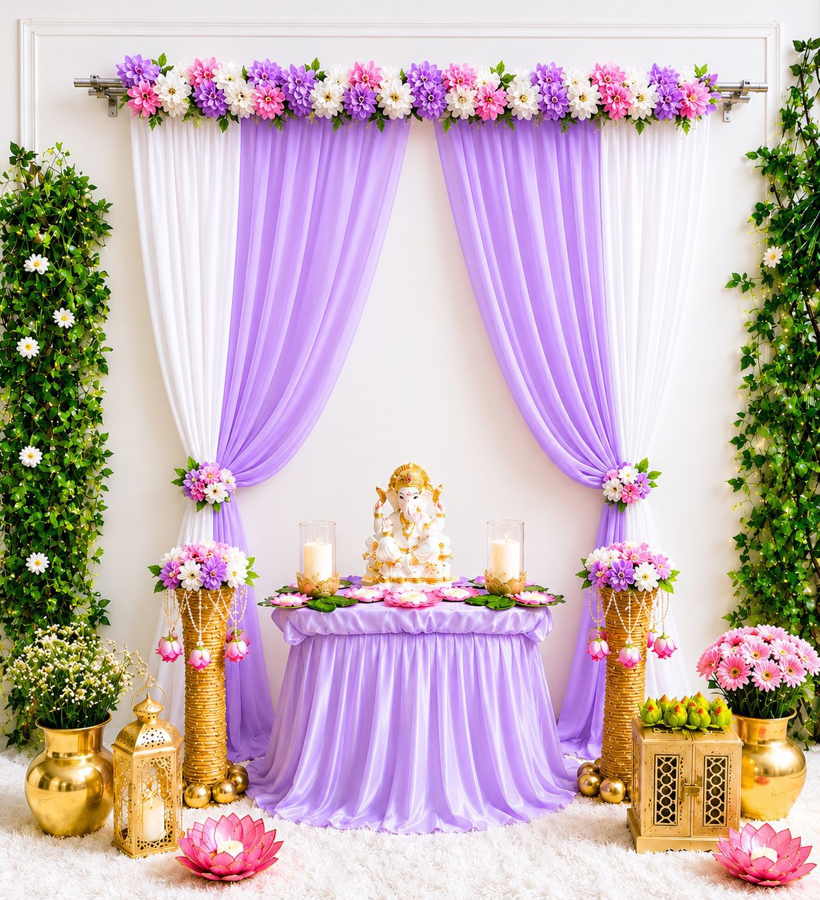 Floral Bliss Ganpati Backdrop – 7×5 Ft | Premium Lycra Décor
