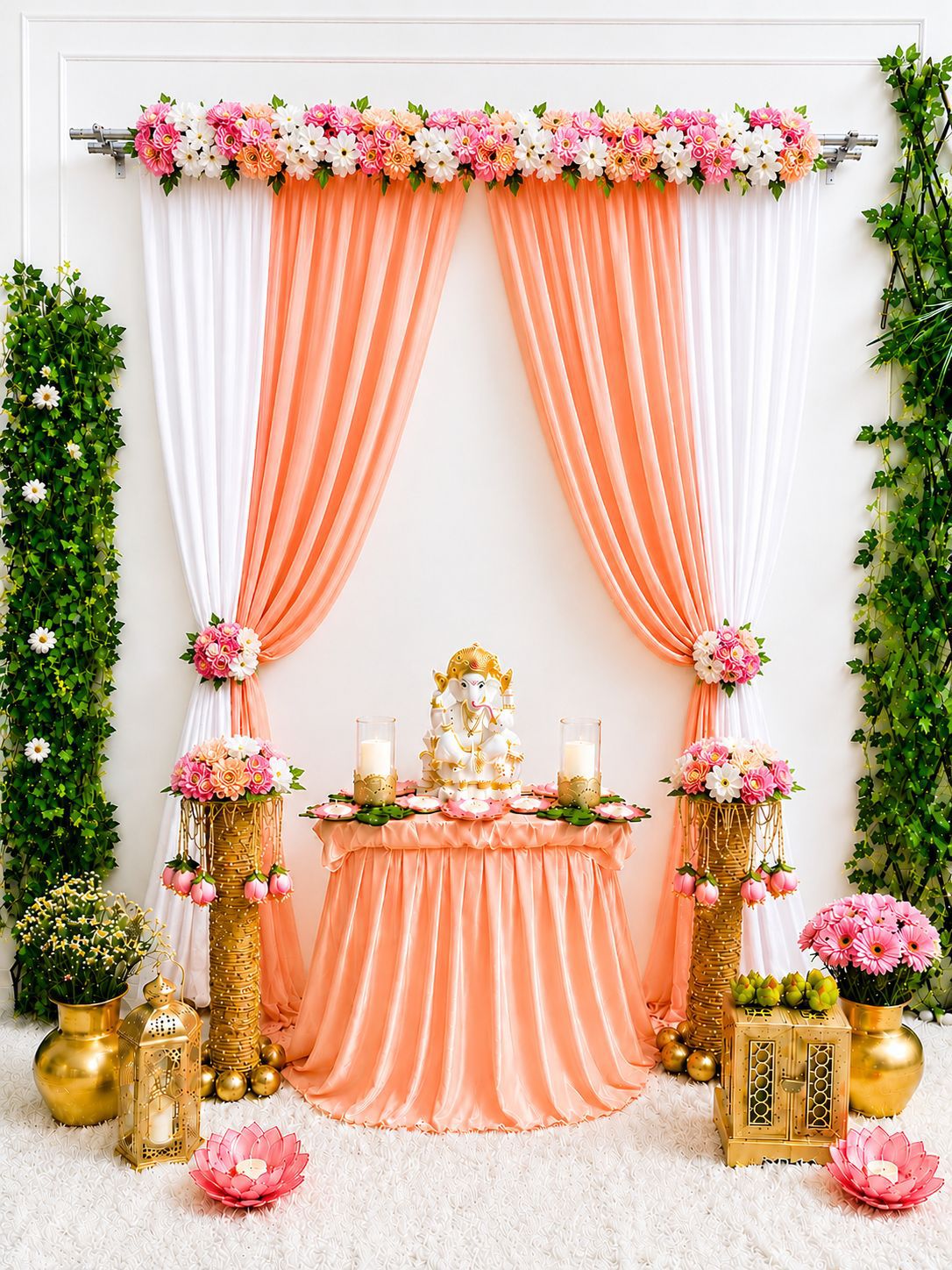Floral Bliss Ganpati Backdrop – 7×5 Ft | Premium Lycra Décor