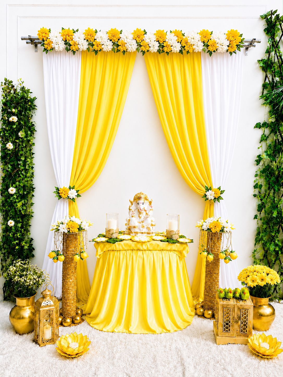 Floral Bliss Ganpati Backdrop – 7×5 Ft | Premium Lycra Décor