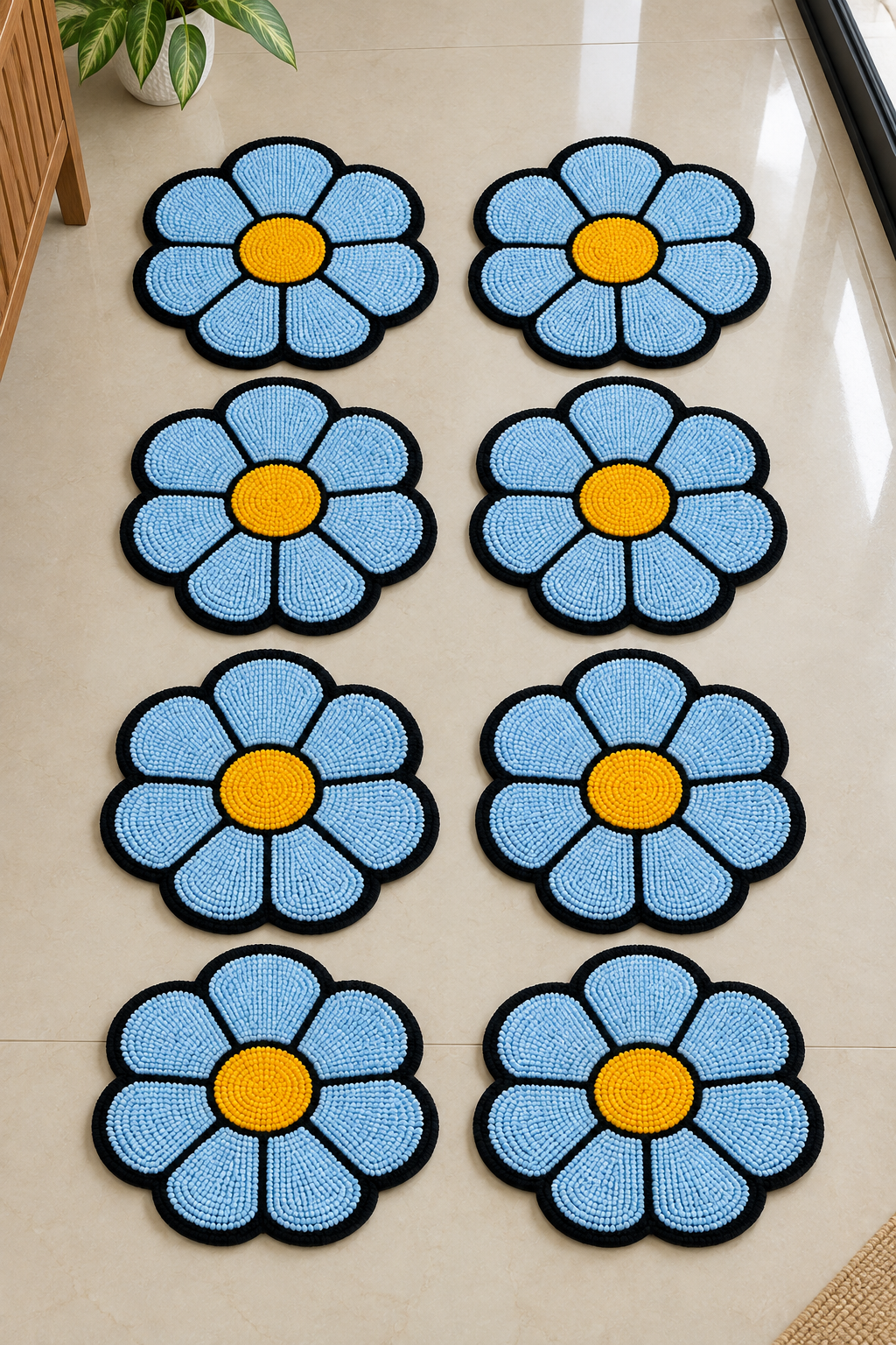 Poorna Phool Blue full bloom petal floor mat set of 8 – Navratri staircase rangoli mat | Craft Decor