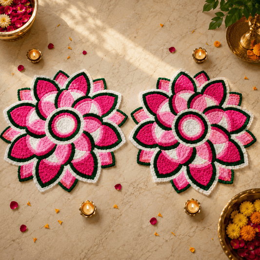 Pink lotus duet rangoli mat 3 Ft fur yarn – reusable no powder – Craft Decor