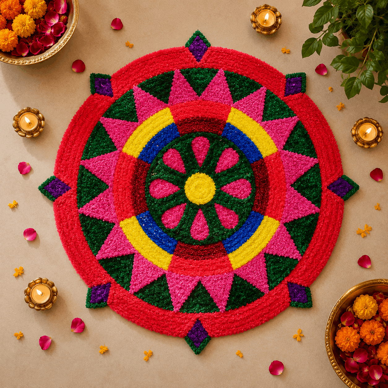 Fur Yarn 3 Feet Rangoli Mat - Design 11